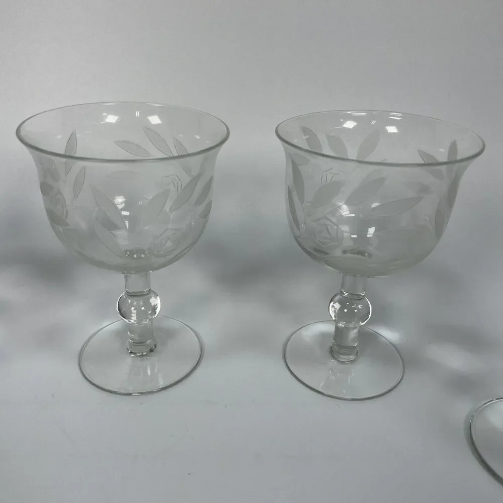 Vintage Crystal Etched Rose Flower Dessert Sherbet Cups Glasses Set of 5 1940’s